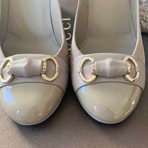 Gucci rare bamboo horsebit suede & patent pumps.